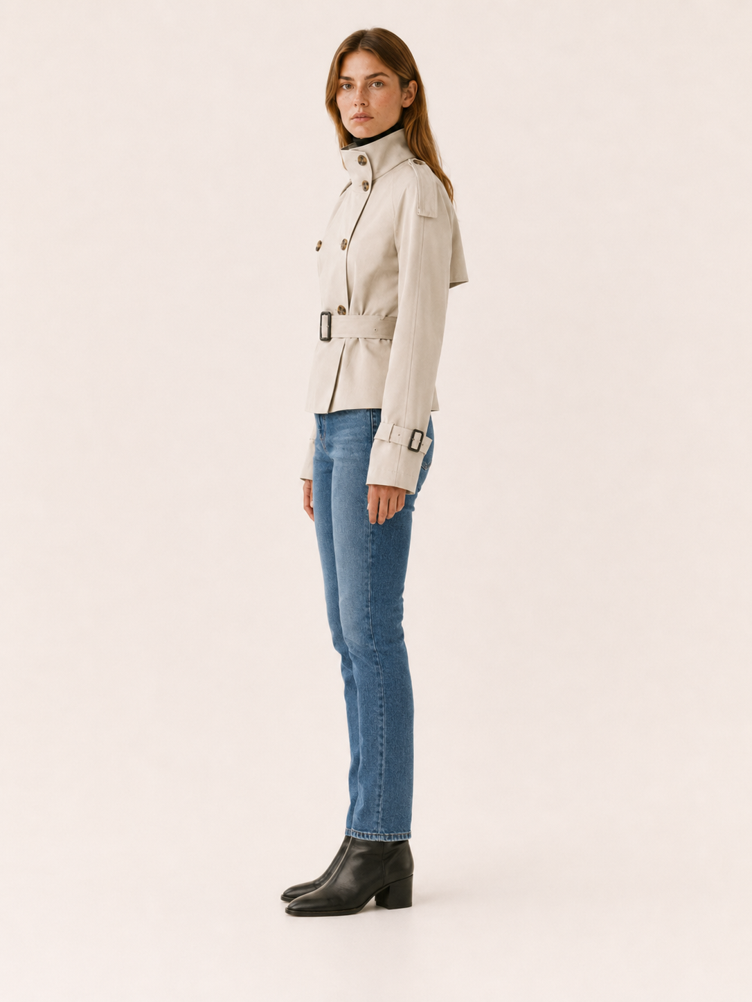 Adrienne | Double-Breasted High Collar Belted Short Trench Coat