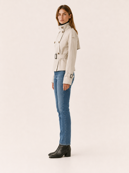 Adrienne | Double-Breasted High Collar Belted Short Trench Coat
