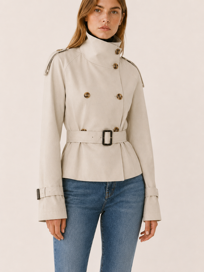 Adrienne | Double-Breasted High Collar Belted Short Trench Coat