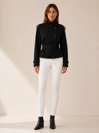 Adrienne | Double-Breasted High Collar Belted Short Trench Coat