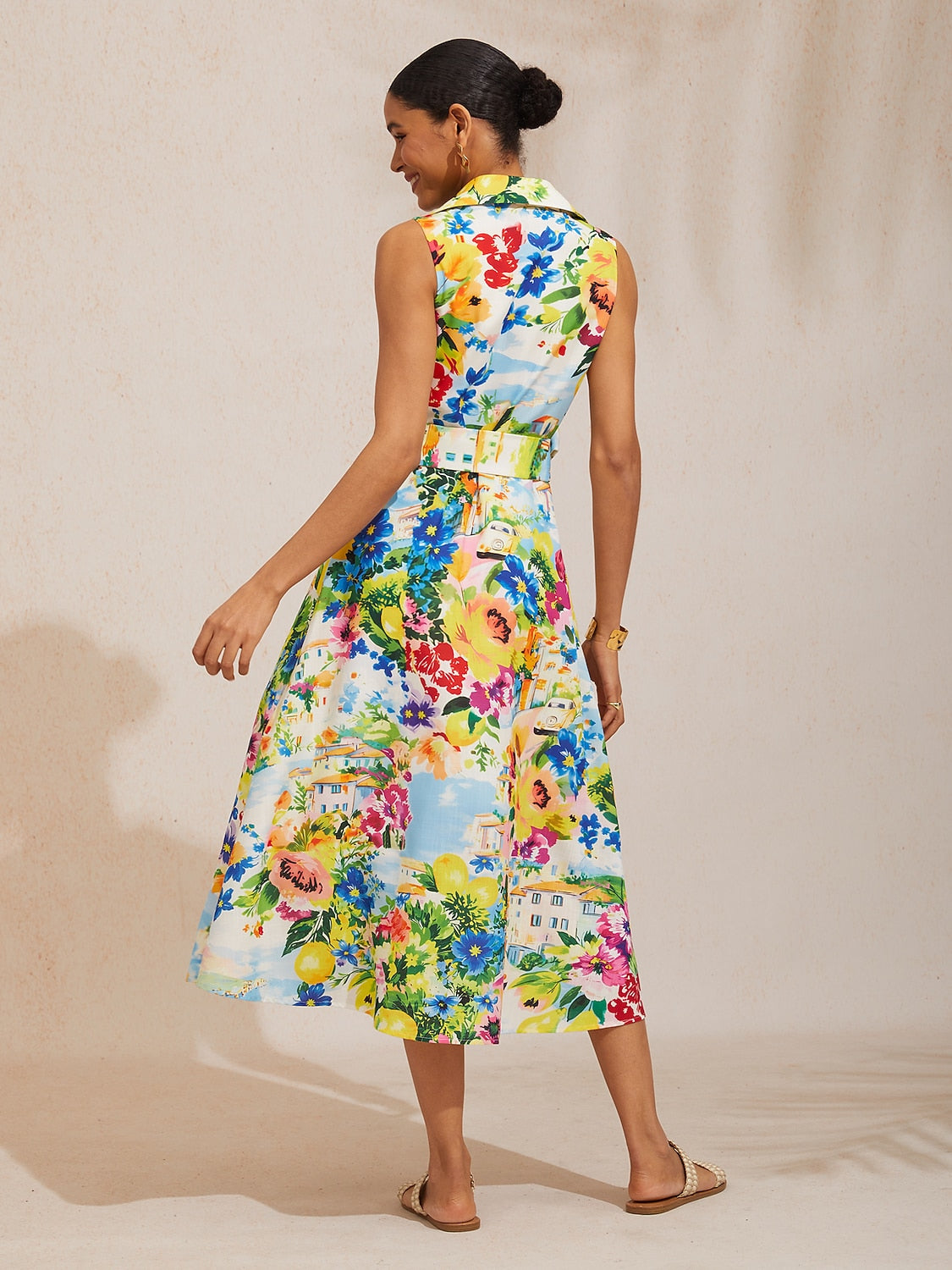 Nadine | Floral Print Sleeveless Linen-Look Shirt Dress