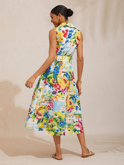 Nadine | Floral Print Sleeveless Linen-Look Shirt Dress