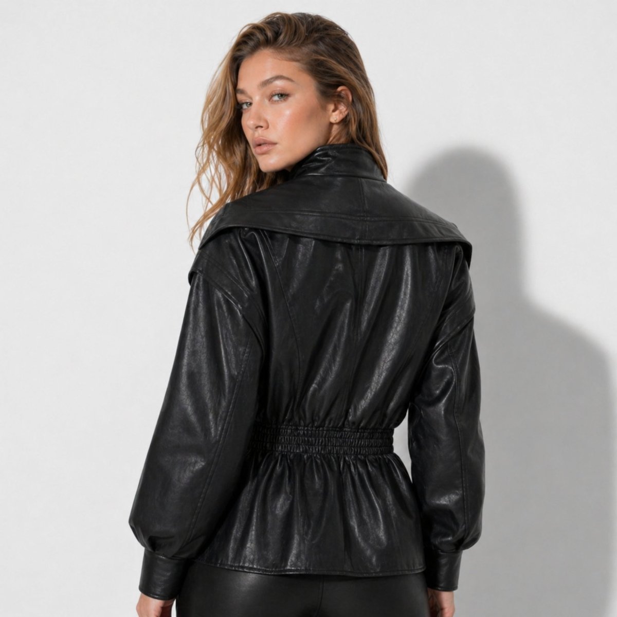 Lucette | Smocked Waist Vegan Leather Jacket
