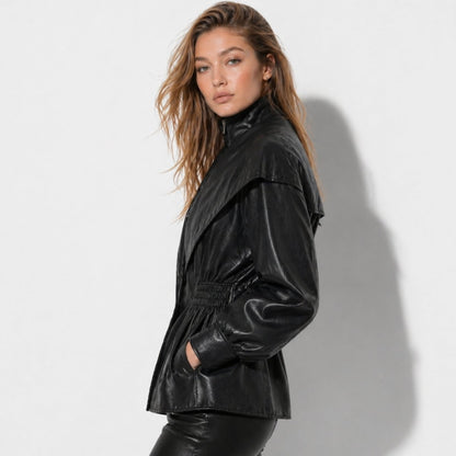 Lucette | Smocked Waist Vegan Leather Jacket