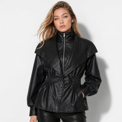 Lucette | Smocked Waist Vegan Leather Jacket