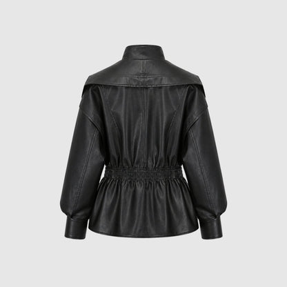 Lucette | Smocked Waist Vegan Leather Jacket