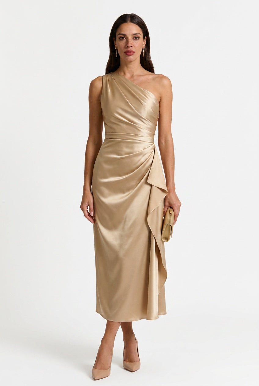 Gabrielle | Women's One Shoulder Ruched Midi Dress