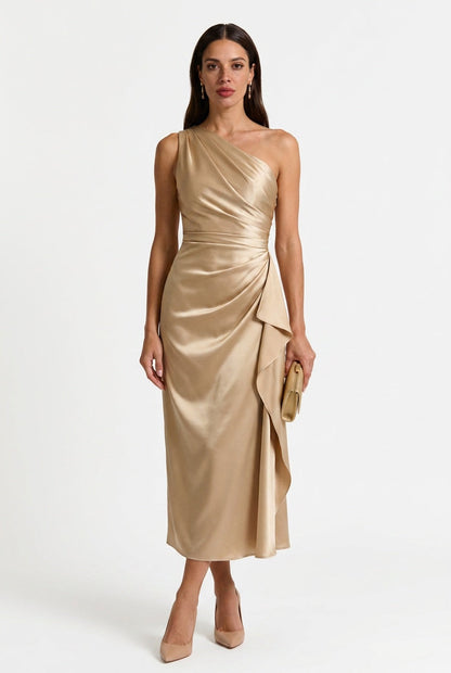 Gabrielle | Women's One Shoulder Ruched Midi Dress