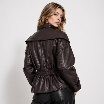 Lucette | Smocked Waist Vegan Leather Jacket
