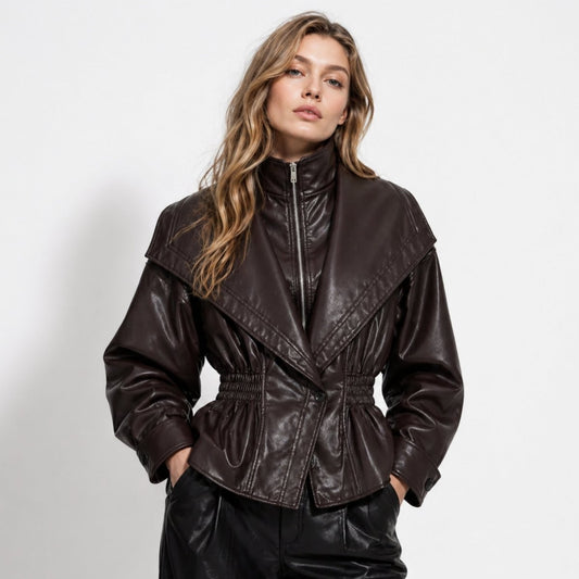 Lucette | Smocked Waist Vegan Leather Jacket