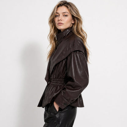 Lucette | Smocked Waist Vegan Leather Jacket