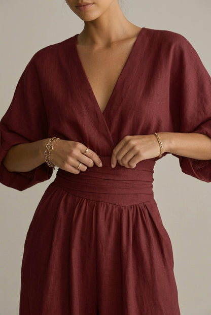 Eleonore | Wrap Front V-Neck Sleeve Wide-Leg Jumpsuit