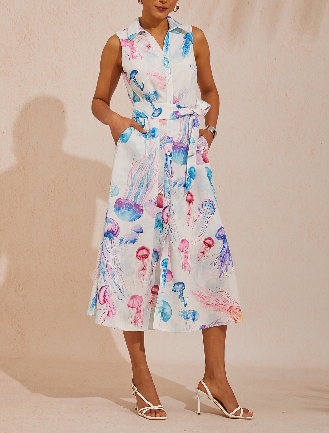 Nadine | Floral Print Sleeveless Linen-Look Shirt Dress
