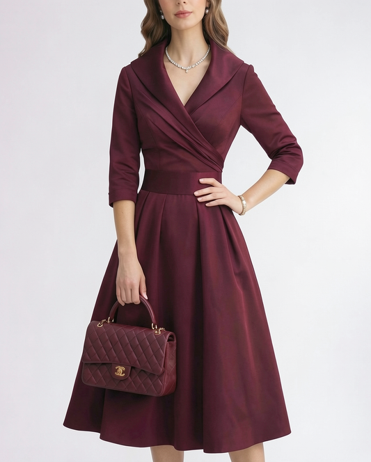 Amelie | Shawl Collar Wrap Satin A-Line Midi Dress