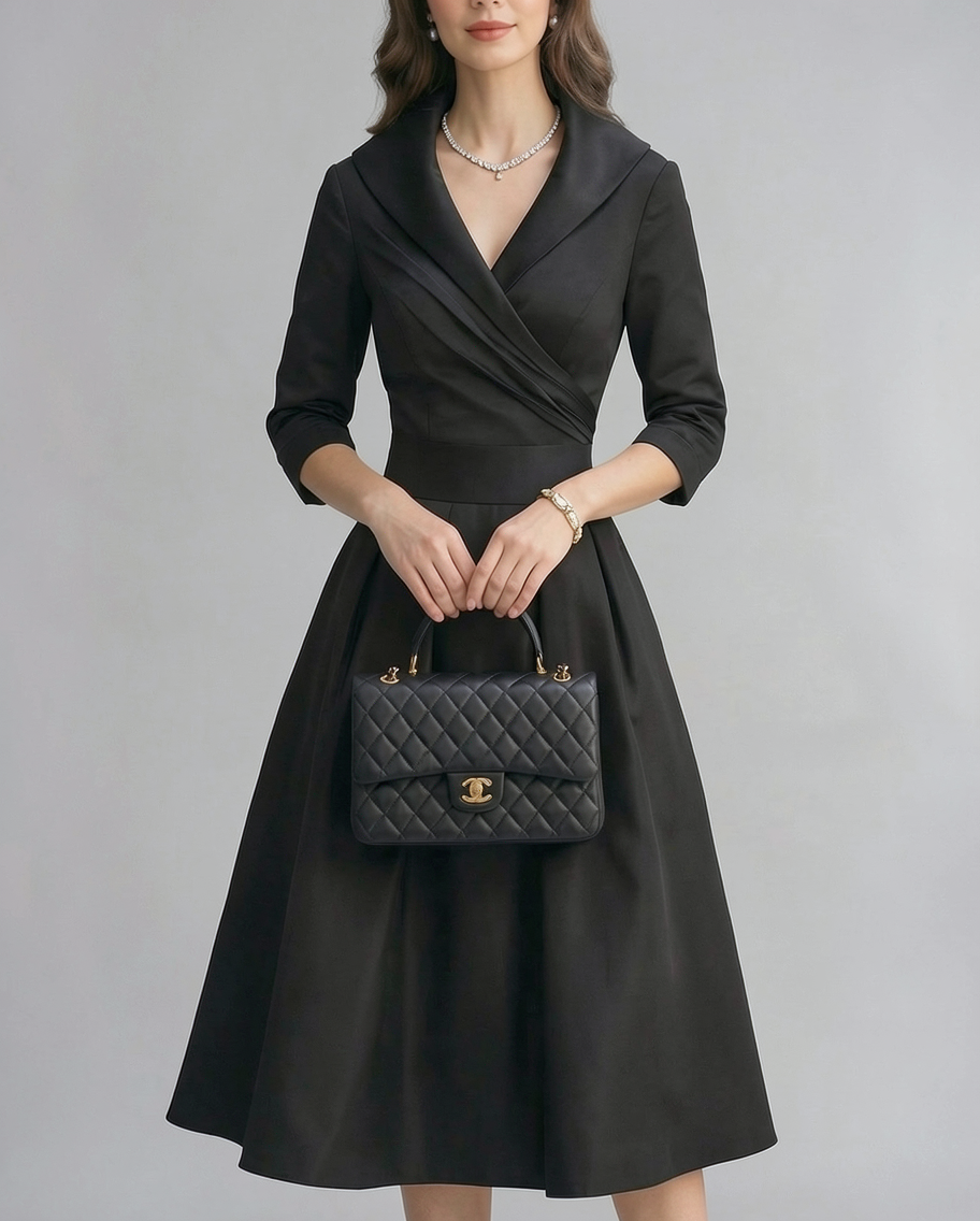 Amelie | Shawl Collar Wrap Satin A-Line Midi Dress