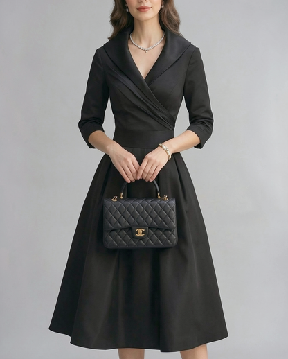Amelie | Shawl Collar Wrap Satin A-Line Midi Dress