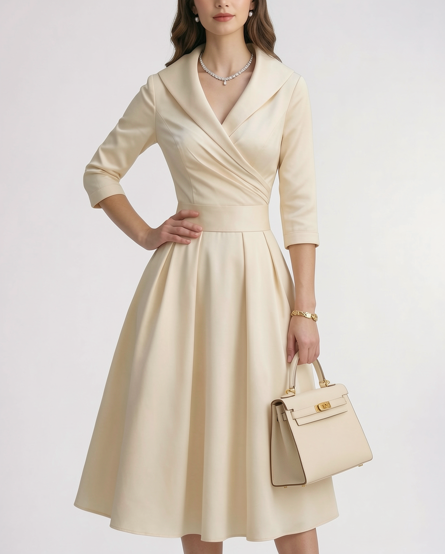 Amelie | Shawl Collar Wrap Satin A-Line Midi Dress
