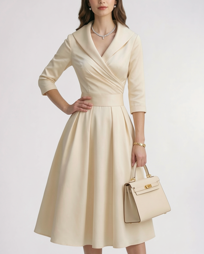 Amelie | Shawl Collar Wrap Satin A-Line Midi Dress