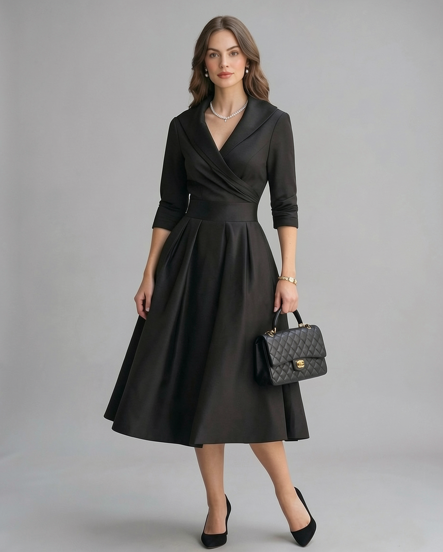 Amelie | Shawl Collar Wrap Satin A-Line Midi Dress
