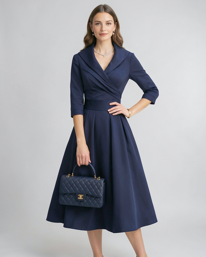 Amelie | Shawl Collar Wrap Satin A-Line Midi Dress