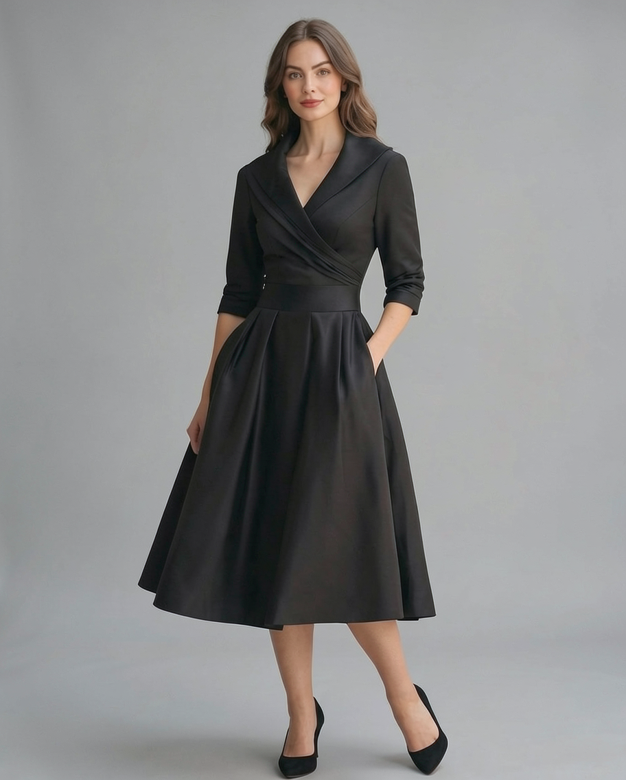 Amelie | Shawl Collar Wrap Satin A-Line Midi Dress