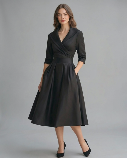 Amelie | Shawl Collar Wrap Satin A-Line Midi Dress