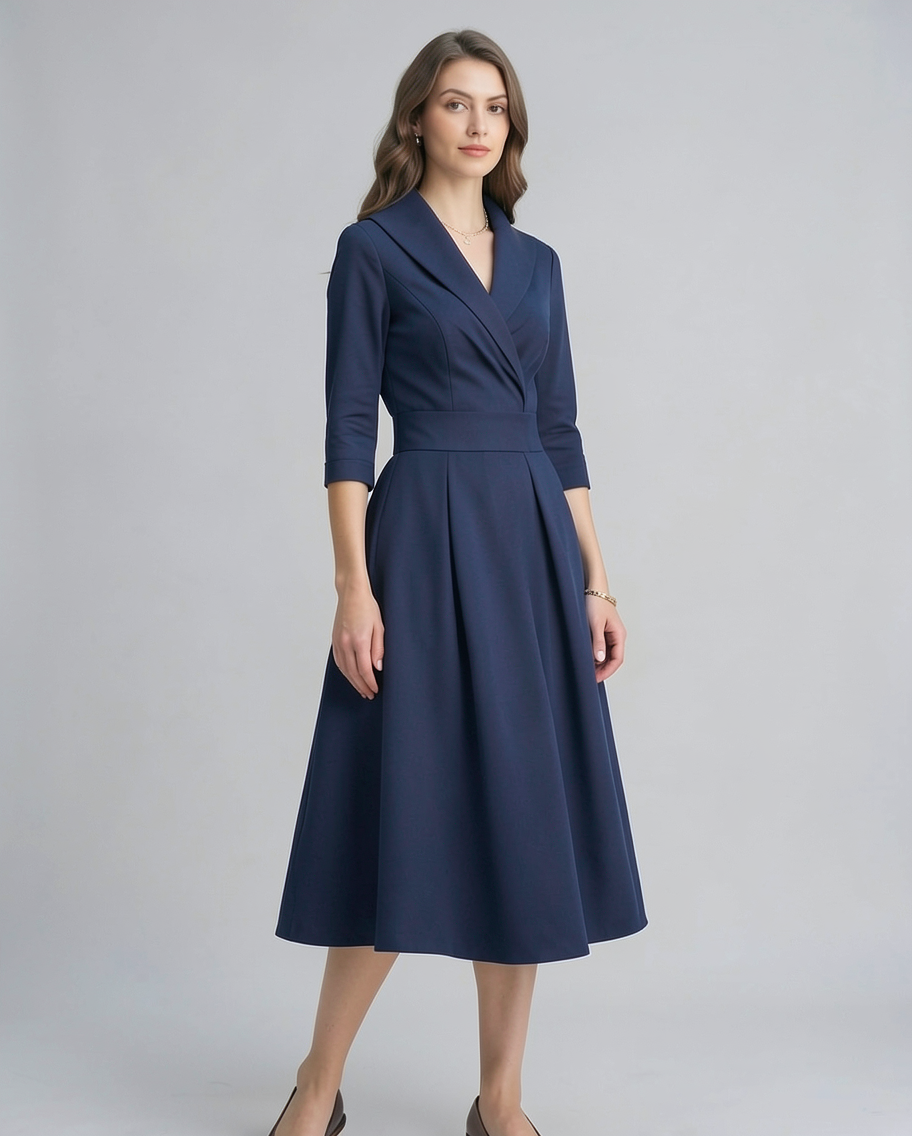 Amelie | Shawl Collar Wrap Satin A-Line Midi Dress