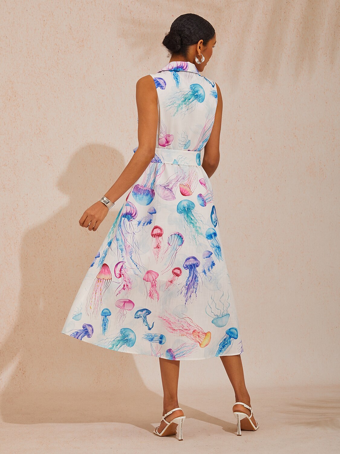 Nadine | Floral Print Sleeveless Linen-Look Shirt Dress