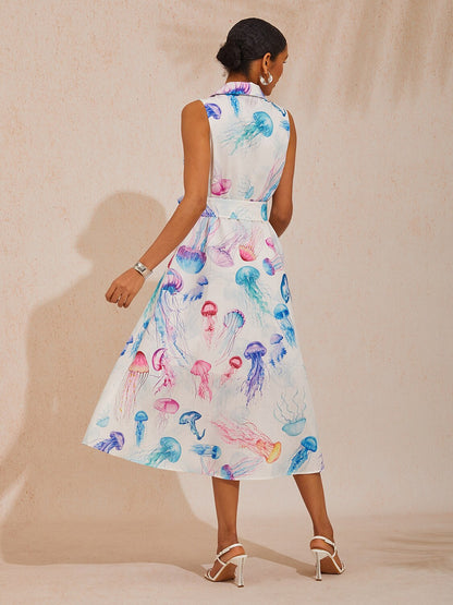 Nadine | Floral Print Sleeveless Linen-Look Shirt Dress