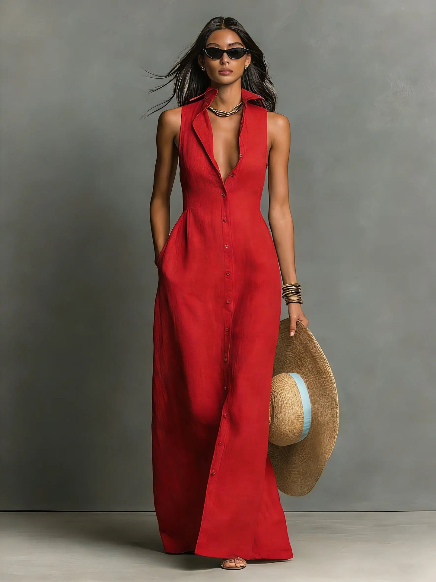 Margaux | Classic Collar Linen Maxi Shirt Dress