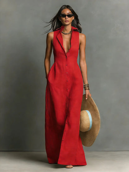 Margaux | Classic Collar Linen Maxi Shirt Dress