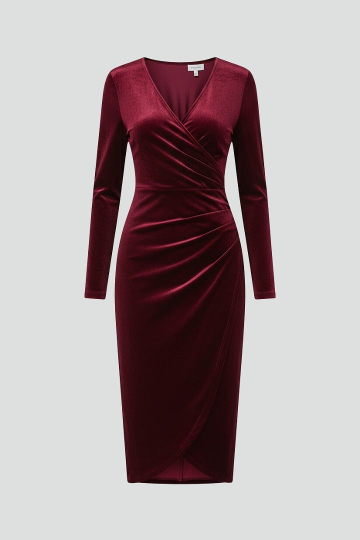 Edmee | Velvet Wrap Bodycon Midi Dress