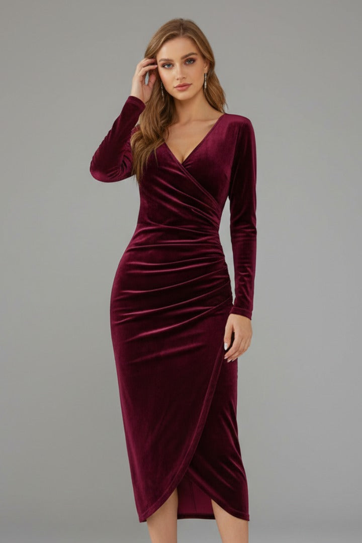 Edmee | Velvet Wrap Bodycon Midi Dress