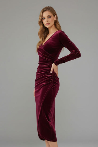 Edmee | Velvet Wrap Bodycon Midi Dress