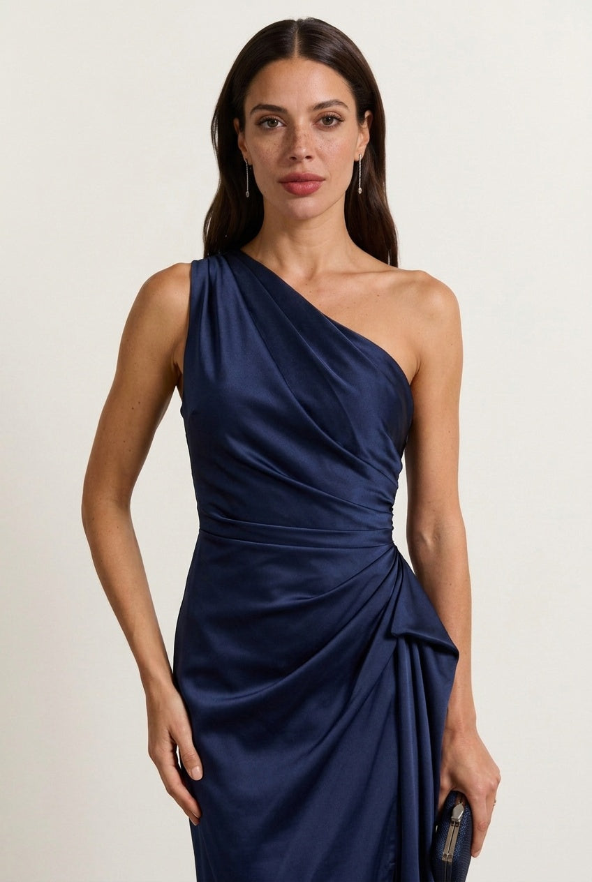 Gabrielle | Women's One Shoulder Ruched Midi Dress