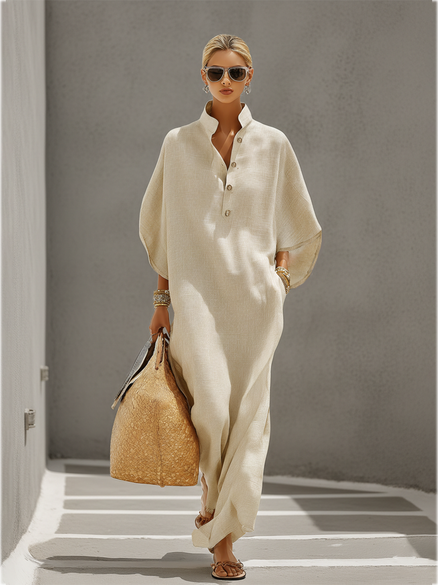Calista | Mandarin Collar Linen Maxi Dress