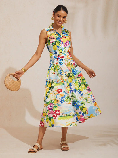 Nadine | Floral Print Sleeveless Linen-Look Shirt Dress