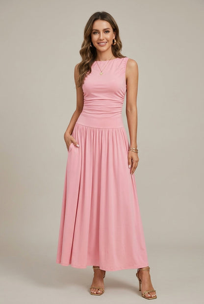 Lea | Ruched Waist Sleeveless Round Neck Maxi Dress
