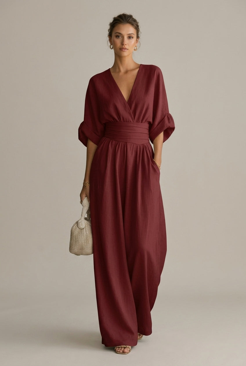 Eleonore | Wrap Front V-Neck Sleeve Wide-Leg Jumpsuit