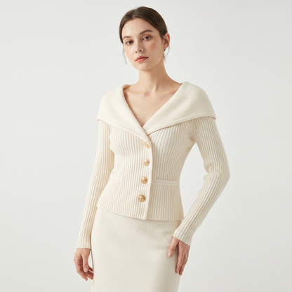 Victoire | Gold Button Bardot Lapel Fitted Ribbed Cardigan