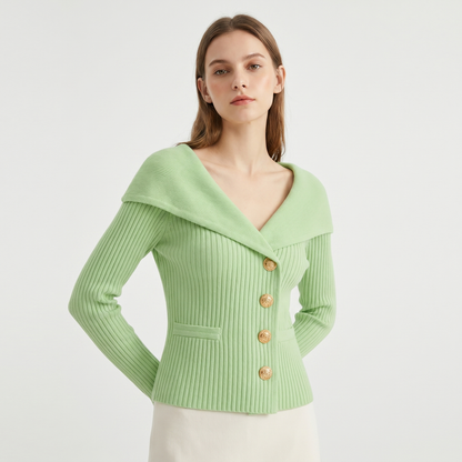 Victoire | Gold Button Bardot Lapel Fitted Ribbed Cardigan