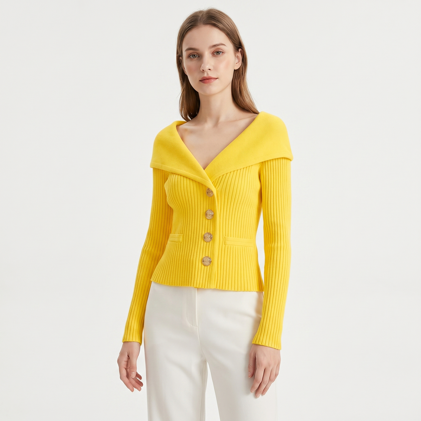 Victoire | Gold Button Bardot Lapel Fitted Ribbed Cardigan
