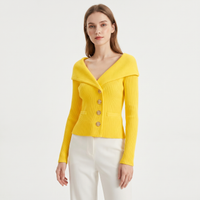 Victoire | Gold Button Bardot Lapel Fitted Ribbed Cardigan