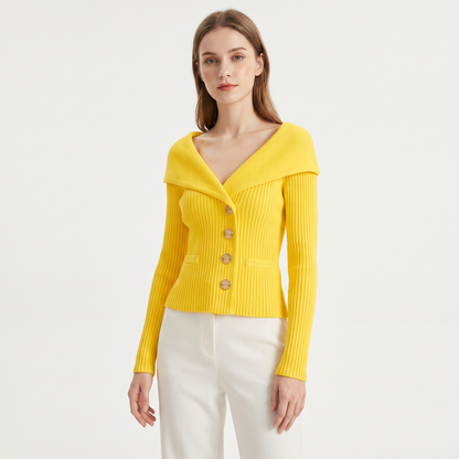 Victoire | Gold Button Bardot Lapel Fitted Ribbed Cardigan