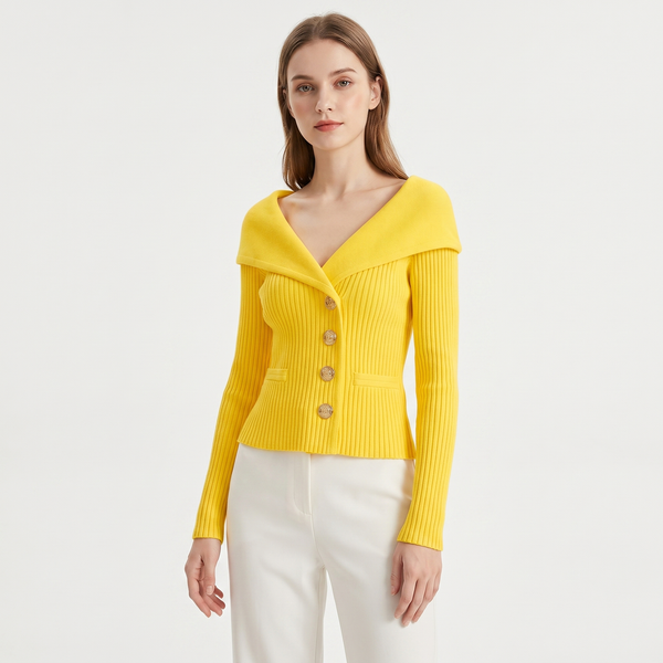 Victoire | Gold Button Bardot Lapel Fitted Ribbed Cardigan