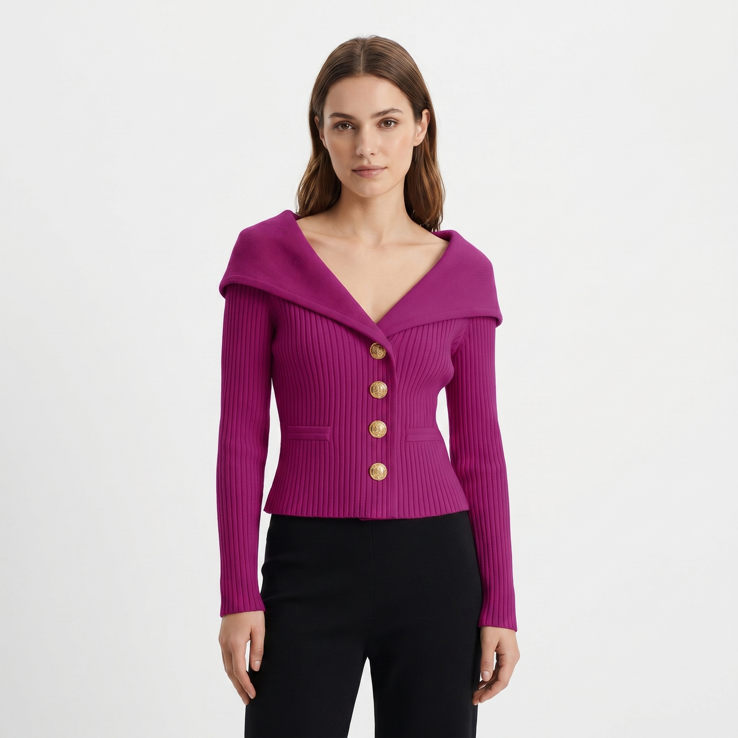 Victoire | Gold Button Bardot Lapel Fitted Ribbed Cardigan