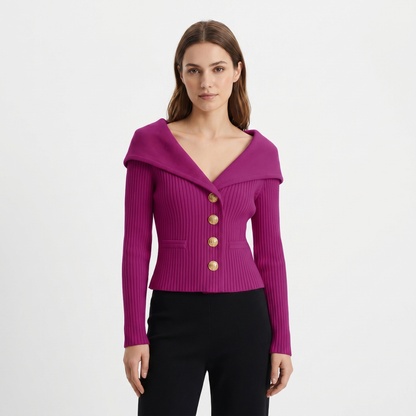 Victoire | Gold Button Bardot Lapel Fitted Ribbed Cardigan