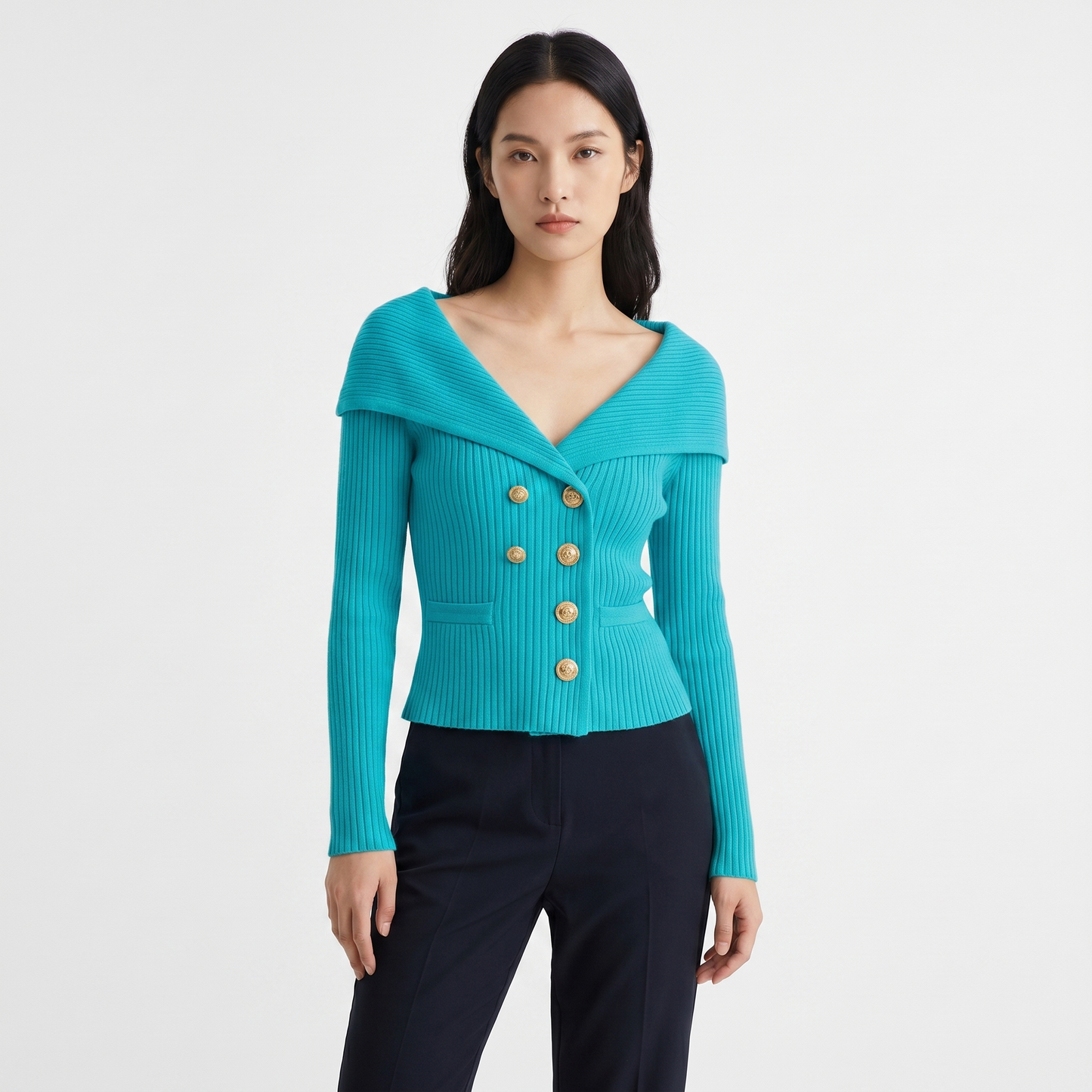 Victoire | Gold Button Bardot Lapel Fitted Ribbed Cardigan