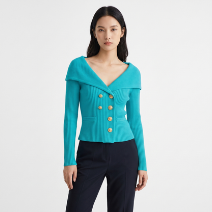 Victoire | Gold Button Bardot Lapel Fitted Ribbed Cardigan