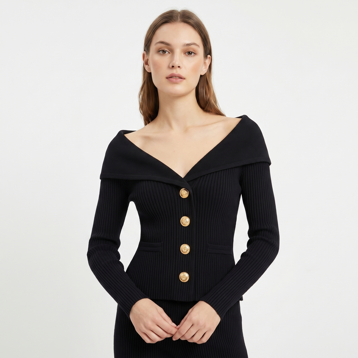 Victoire | Gold Button Bardot Lapel Fitted Ribbed Cardigan